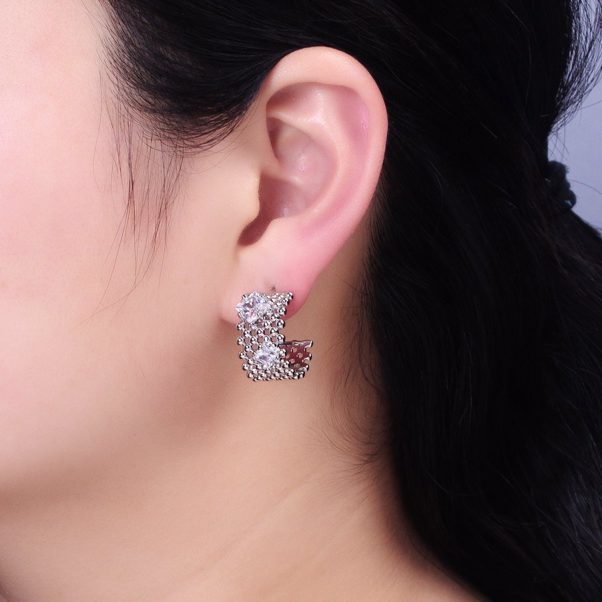 Chunky Gold Beaded Hoop with Clear Rhombus Cz Stone Earring AB598 AB976