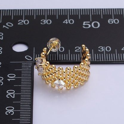 Chunky Gold Beaded Hoop with Clear Rhombus Cz Stone Earring AB598 AB976