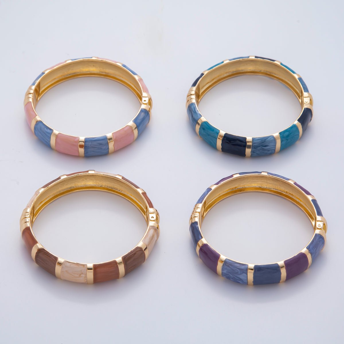 18K Gold Filled Multicolor Striped Enamel Wide Bangle Bracelet | WA-03357 ~ WA-03360