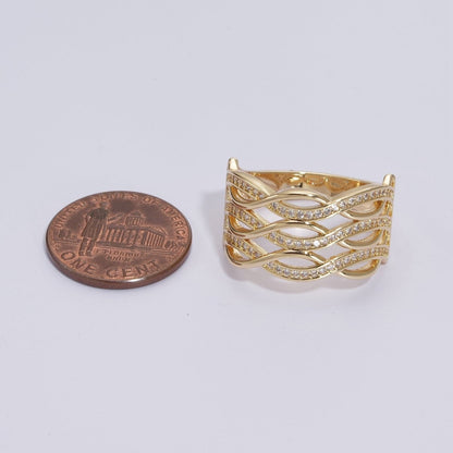 Chunky Gold Swirl Lines Ring CZ Statement Jewelry Crossover Ring U-109~U-112