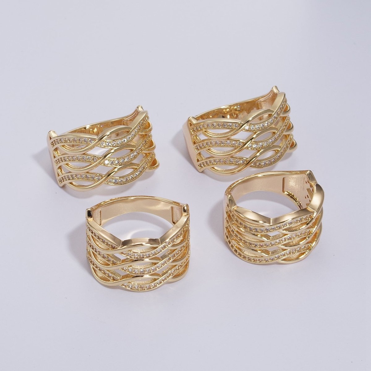 Chunky Gold Swirl Lines Ring CZ Statement Jewelry Crossover Ring U-109~U-112