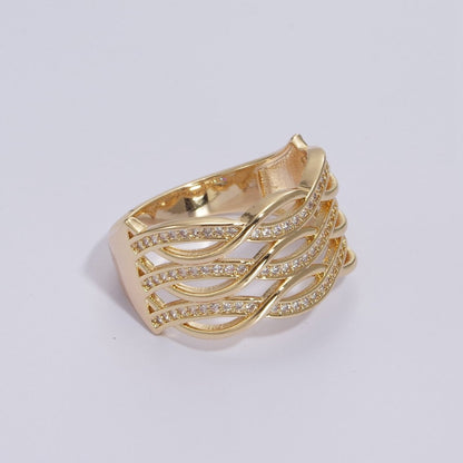 Chunky Gold Swirl Lines Ring CZ Statement Jewelry Crossover Ring U-109~U-112