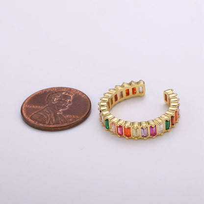 Chunky Rainbow CZ 24k Gold Ring, Adjustable Gold Cubic Open Ring, Baguette Ring, Statement ring Zirconia Ring for DIY Jewelry R314