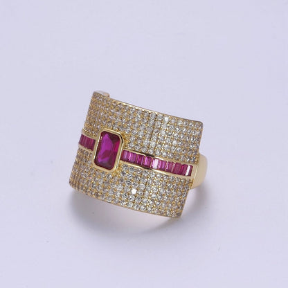 Chunky Statement Cubic Zirconia CZ Stone on 24K Gold Filled Micro Pave Adjustable Open Ring | U-448, U450, U451