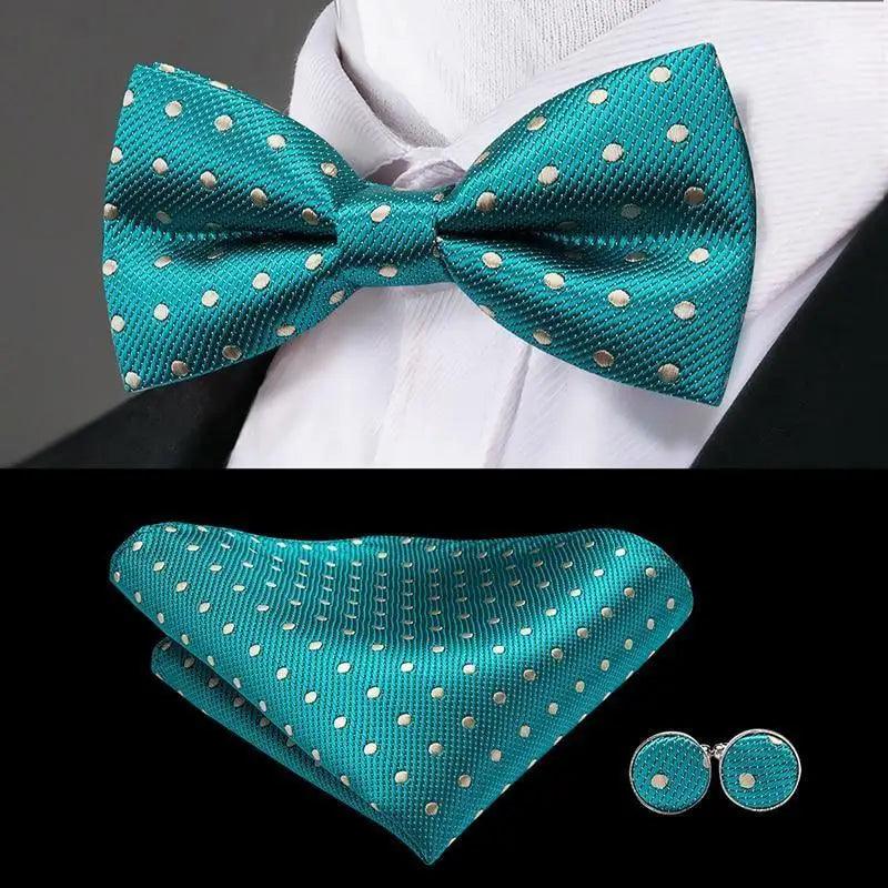 Classic Green Bow Ties Men Silk Butterfly Tie  With Pocket Square And Cufflinks Set For Men Elegant Design Wedding Party Bowties Solid Color Gentleman Bow Tie And Pocket Square Cufflink Set