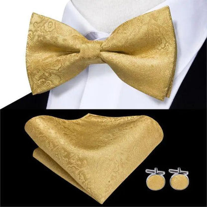 Classic Green Bow Ties Men Silk Butterfly Tie  With Pocket Square And Cufflinks Set For Men Elegant Design Wedding Party Bowties Solid Color Gentleman Bow Tie And Pocket Square Cufflink Set