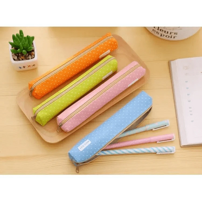 Classic Simple Candy Color Slim Canvas Pencil Pouch Pencil Bag For School Office Dot Printed Students Pencil Case