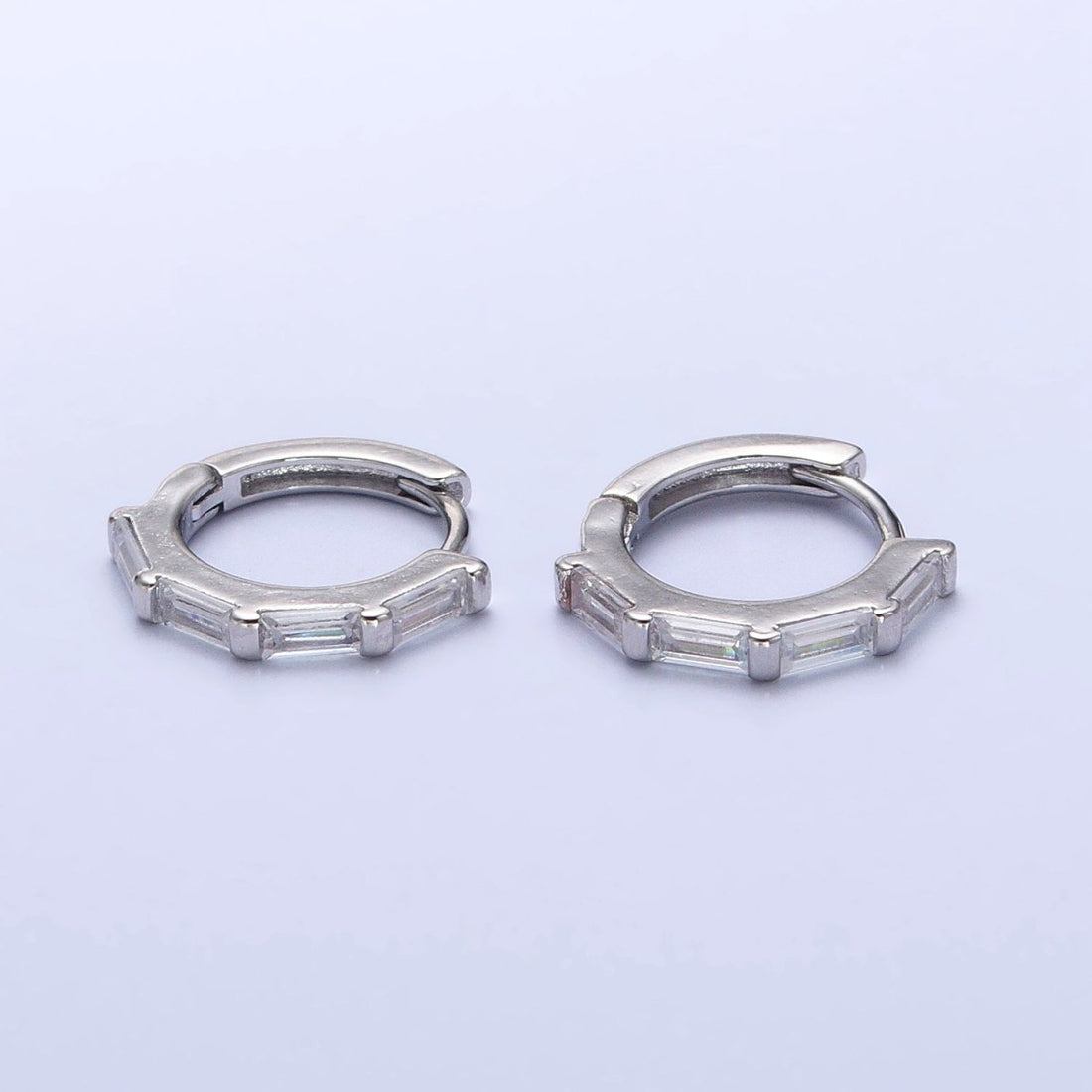 Clear Baguette Lined 14mm Silver Huggie Hoop Earrings | AB449