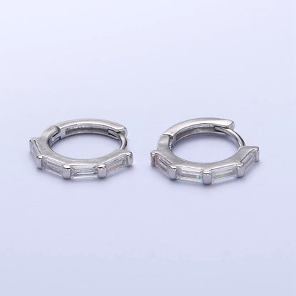 Clear Baguette Lined 14mm Silver Huggie Hoop Earrings | AB449