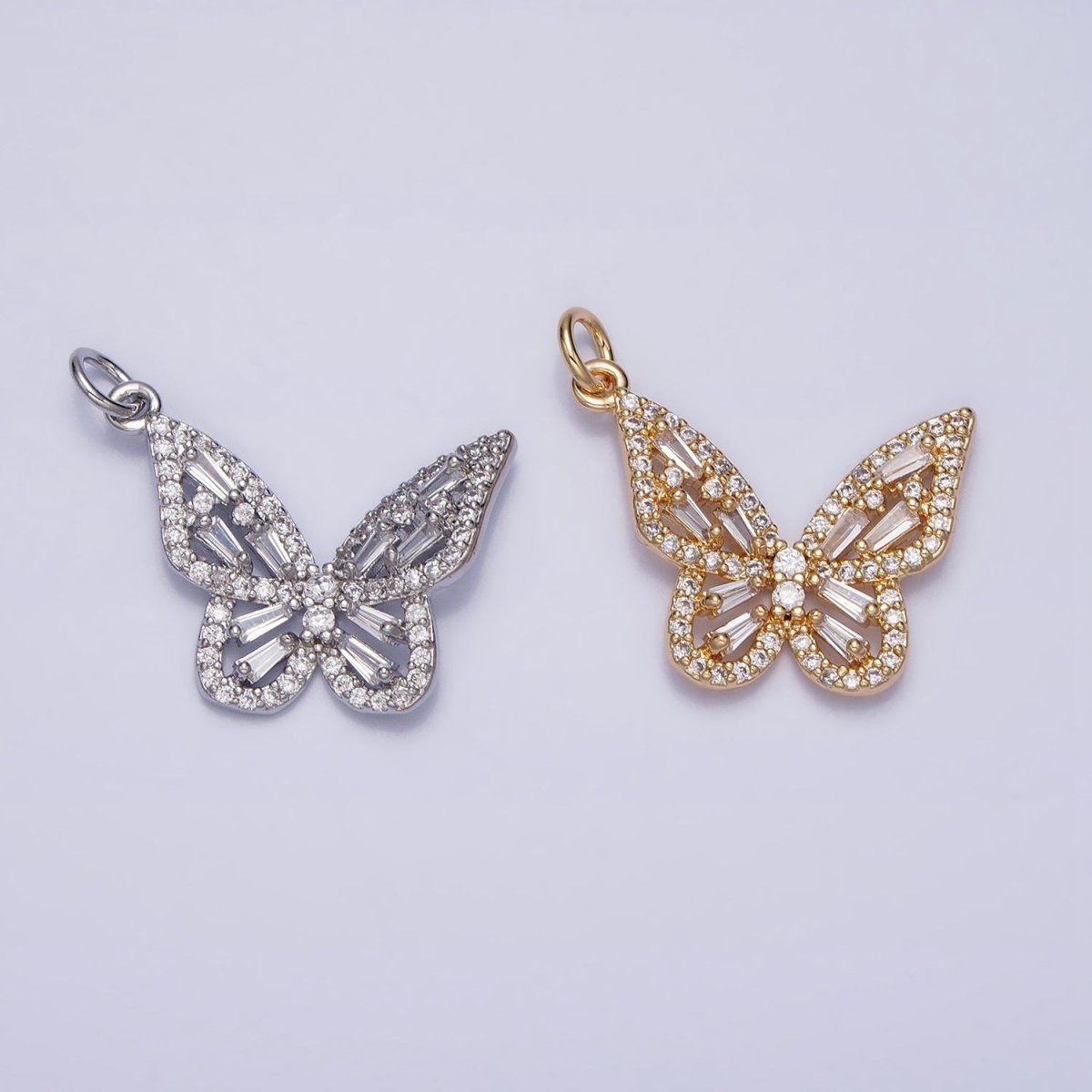 Clear Baguette Micro Paved CZ Butterfly Mariposa Add-On Charm in Silver &amp; Gold | AC709 AC710