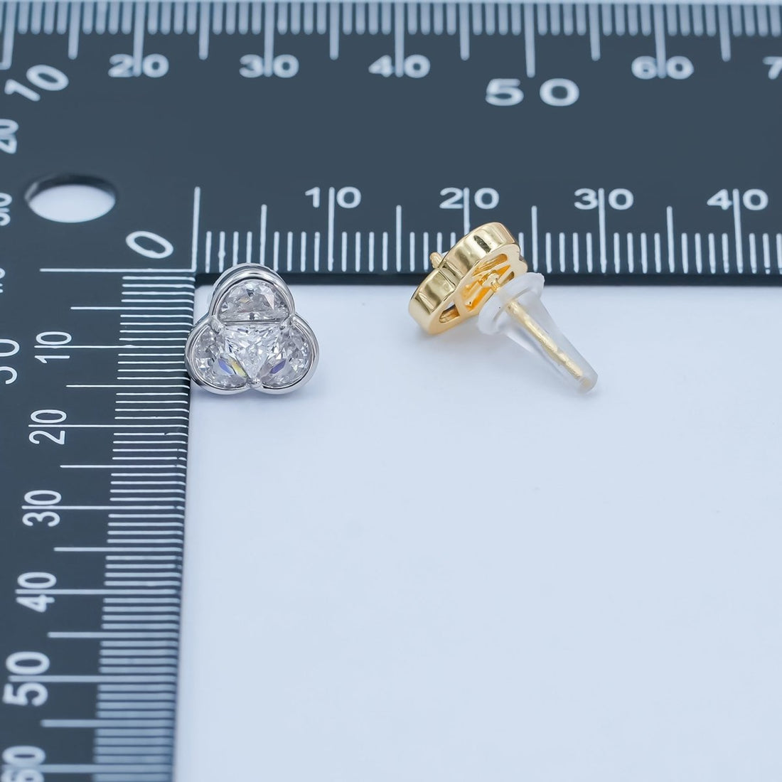 Clear CZ Geometric Flower Stud Earrings in Gold &amp; Silver | AB1498 AB1499