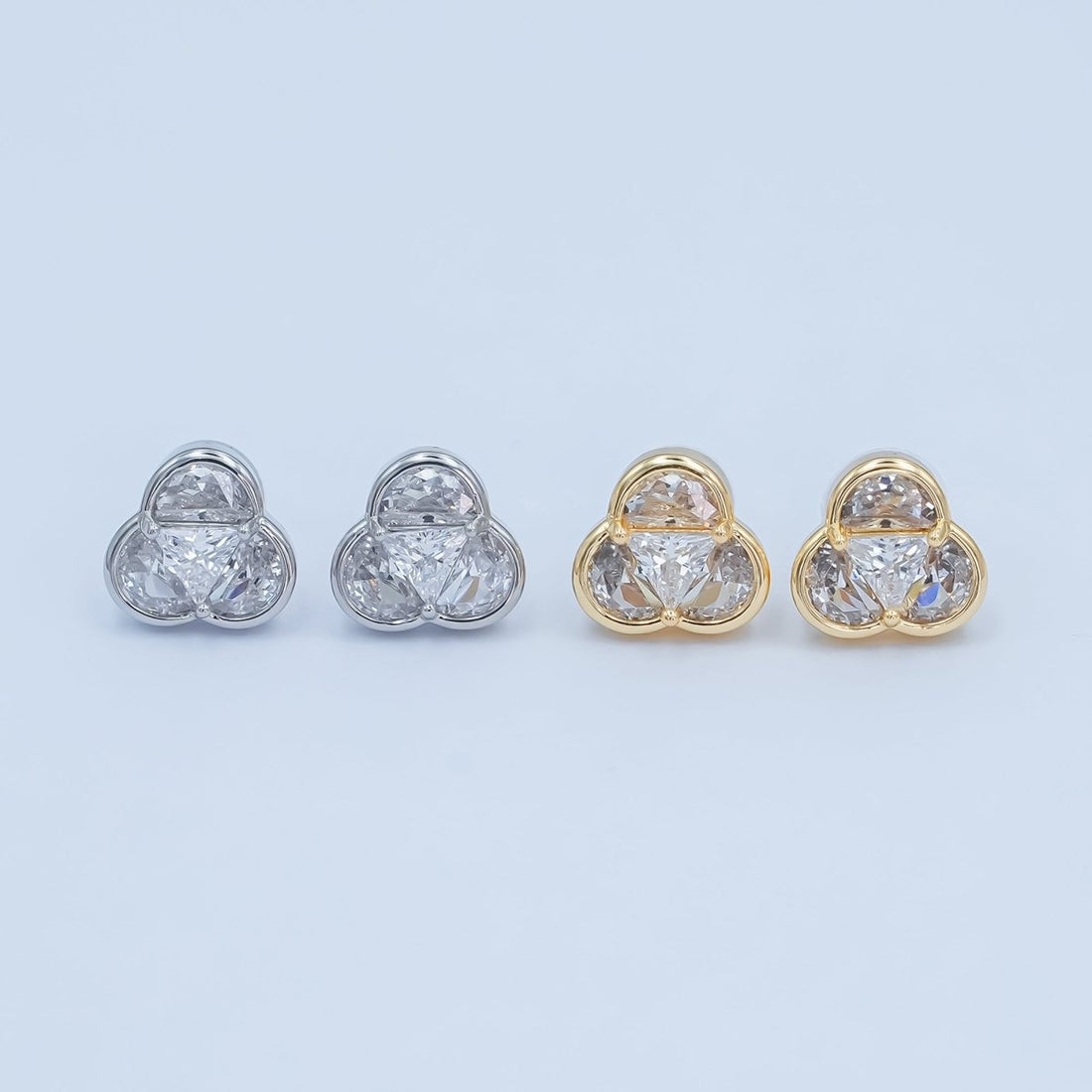 Clear CZ Geometric Flower Stud Earrings in Gold &amp; Silver | AB1498 AB1499