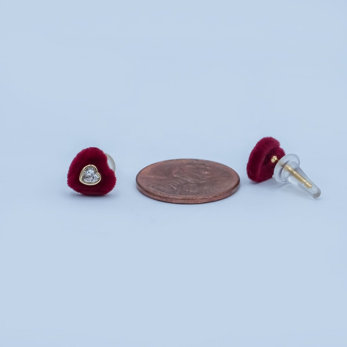 Clear CZ Heart Red Fleece Heart Stud Earrings in Gold &amp; Silver | AD1513 AD1515