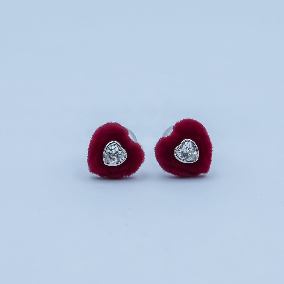 Clear CZ Heart Red Fleece Heart Stud Earrings in Gold &amp; Silver | AD1513 AD1515
