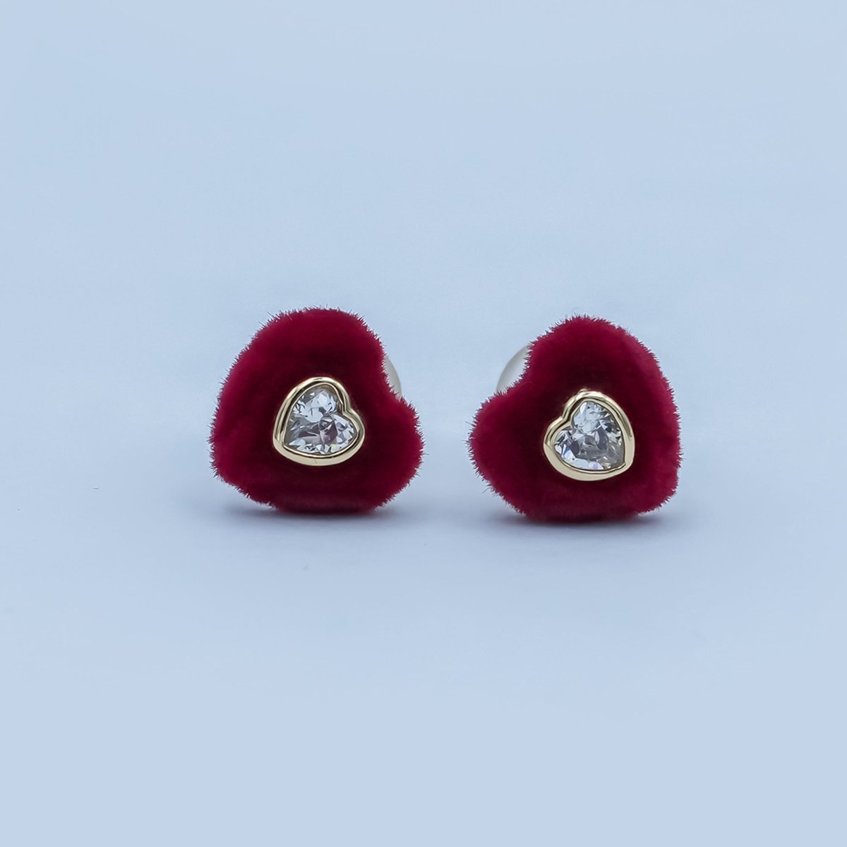Clear CZ Heart Red Fleece Heart Stud Earrings in Gold &amp; Silver | AD1513 AD1515