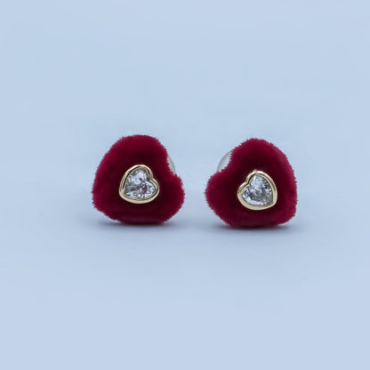 Clear CZ Heart Red Fleece Heart Stud Earrings in Gold &amp; Silver | AD1513 AD1515