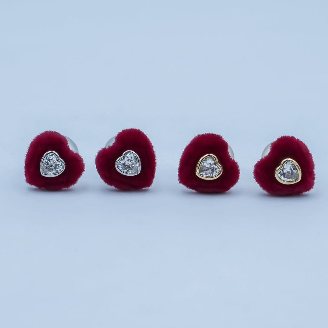 Clear CZ Heart Red Fleece Heart Stud Earrings in Gold &amp; Silver | AD1513 AD1515