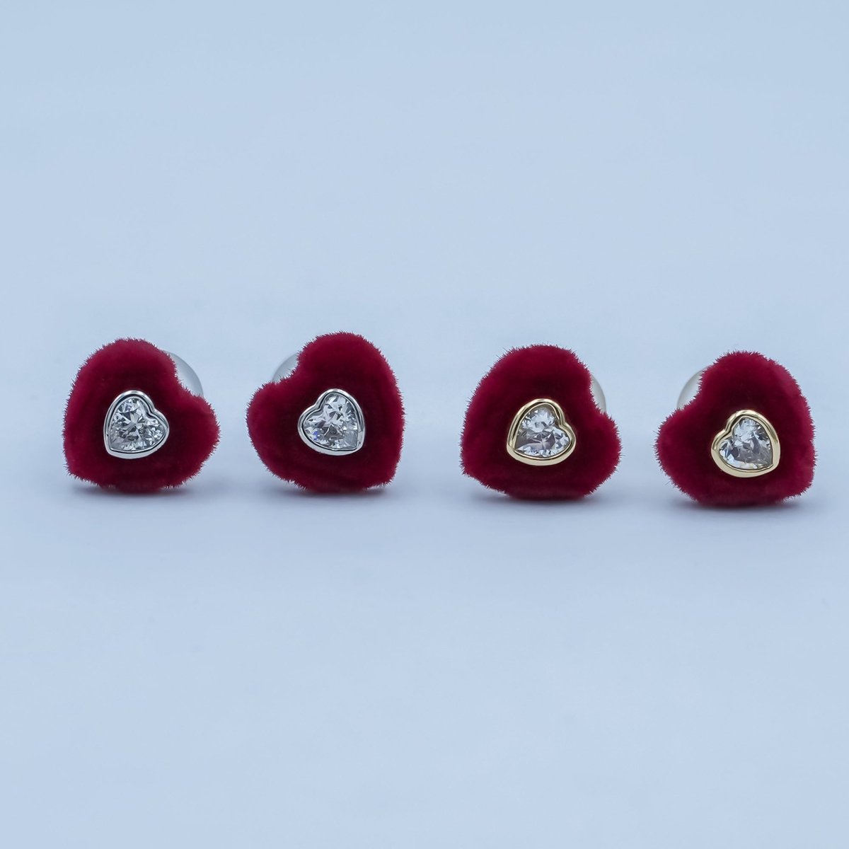 Clear CZ Heart Red Fleece Heart Stud Earrings in Gold &amp; Silver | AD1513 AD1515