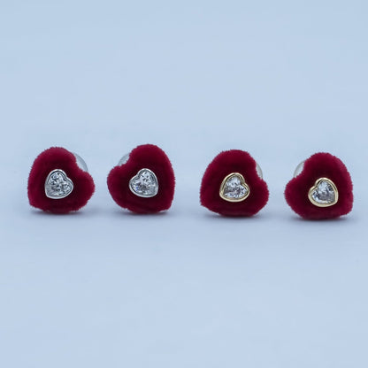 Clear CZ Heart Red Fleece Heart Stud Earrings in Gold &amp; Silver | AD1513 AD1515