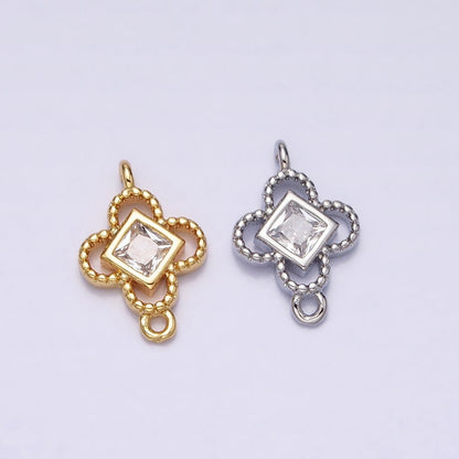 Clear CZ Rhombus Open Beaded Quatrefoil Clover Link Connector in Gold &amp; Silver | Y-846
