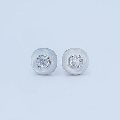 Clear CZ Shell Pearl Square Stud Earrings in Gold &amp; Silver | AE1044 AE1045