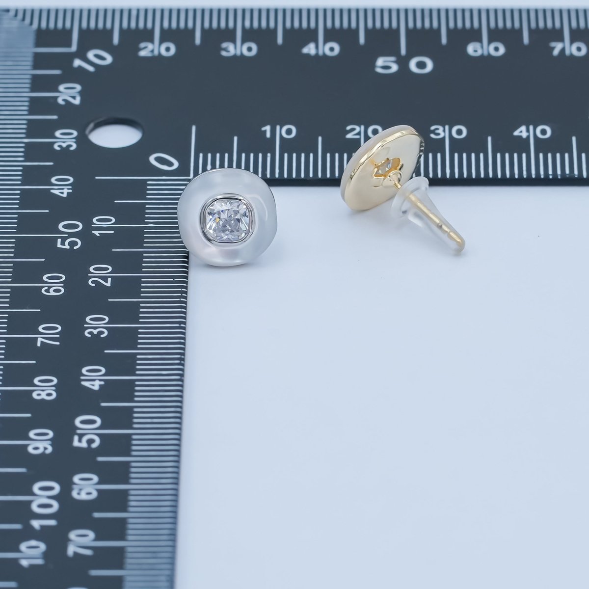 Clear CZ Shell Pearl Square Stud Earrings in Gold &amp; Silver | AE1044 AE1045
