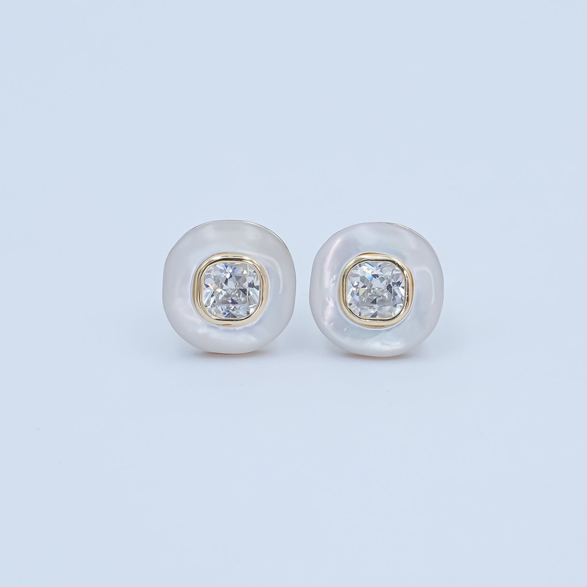 Clear CZ Shell Pearl Square Stud Earrings in Gold &amp; Silver | AE1044 AE1045