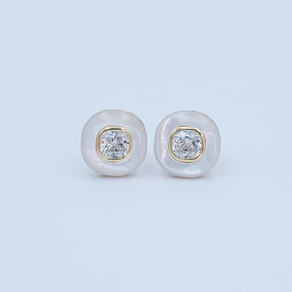 Clear CZ Shell Pearl Square Stud Earrings in Gold &amp; Silver | AE1044 AE1045