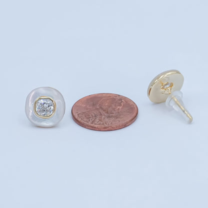 Clear CZ Shell Pearl Square Stud Earrings in Gold &amp; Silver | AE1044 AE1045