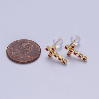 Clear Green Fuchsia Cross Square Baguette Cubic Zirconia CZ Gold Religious Stud Earrings | P-279 P-280 P-281