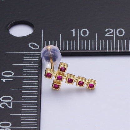 Clear Green Fuchsia Cross Square Baguette Cubic Zirconia CZ Gold Religious Stud Earrings | P-279 P-280 P-281