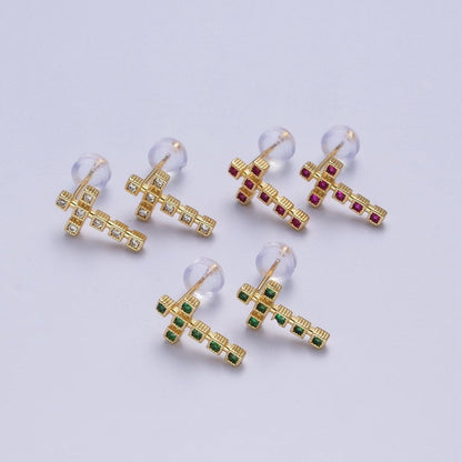 Clear Green Fuchsia Cross Square Baguette Cubic Zirconia CZ Gold Religious Stud Earrings | P-279 P-280 P-281