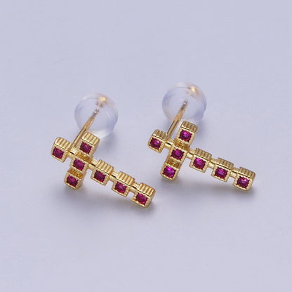 Clear Green Fuchsia Cross Square Baguette Cubic Zirconia CZ Gold Religious Stud Earrings | P-279 P-280 P-281