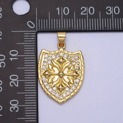 Clear Micro Paved CZ Cross Shield Crest Gold Pendant | AA085