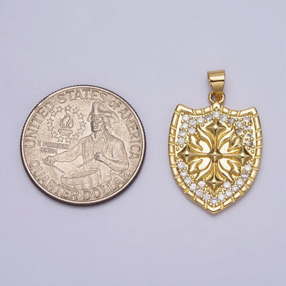 Clear Micro Paved CZ Cross Shield Crest Gold Pendant | AA085