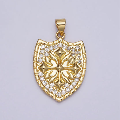 Clear Micro Paved CZ Cross Shield Crest Gold Pendant | AA085