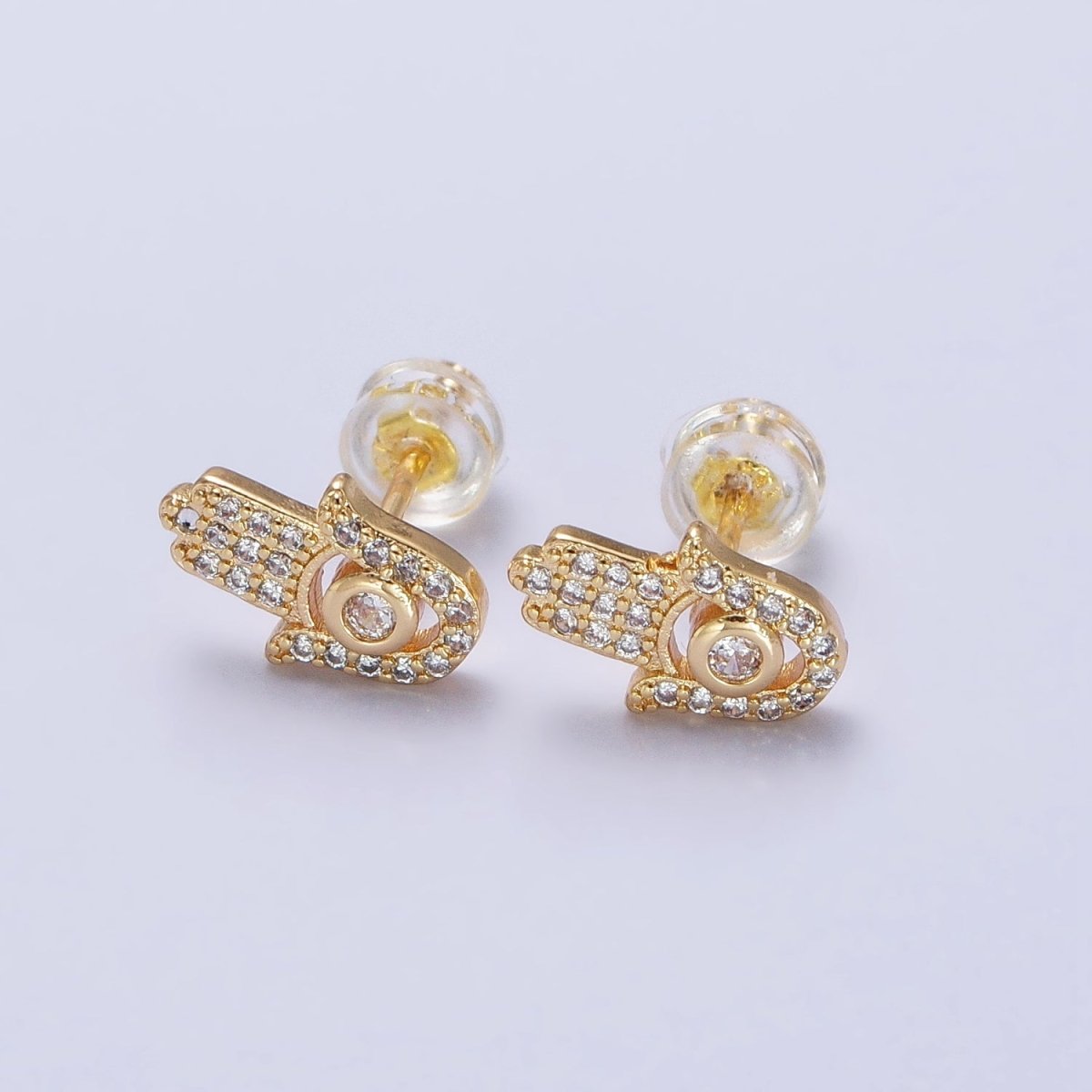 Clear Micro Paved CZ Hamsa Hand Evil Eye Mini Stud Earrings in Gold &amp; Silver | AB503 AB509