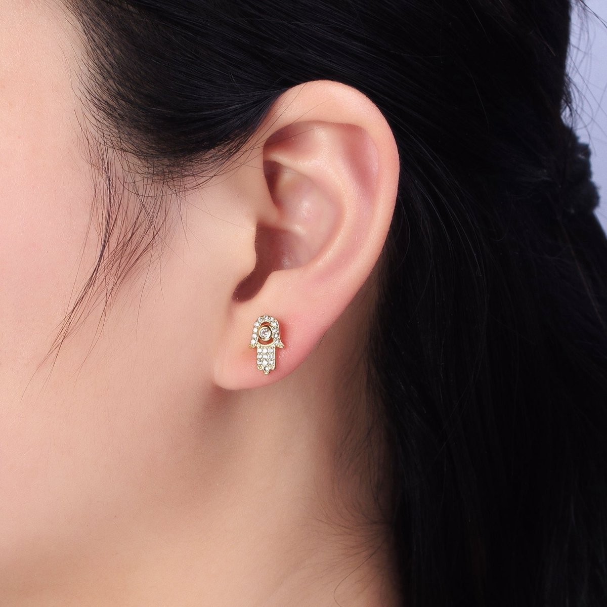Clear Micro Paved CZ Hamsa Hand Evil Eye Mini Stud Earrings in Gold &amp; Silver | AB503 AB509