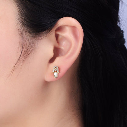 Clear Micro Paved CZ Hamsa Hand Evil Eye Mini Stud Earrings in Gold &amp; Silver | AB503 AB509