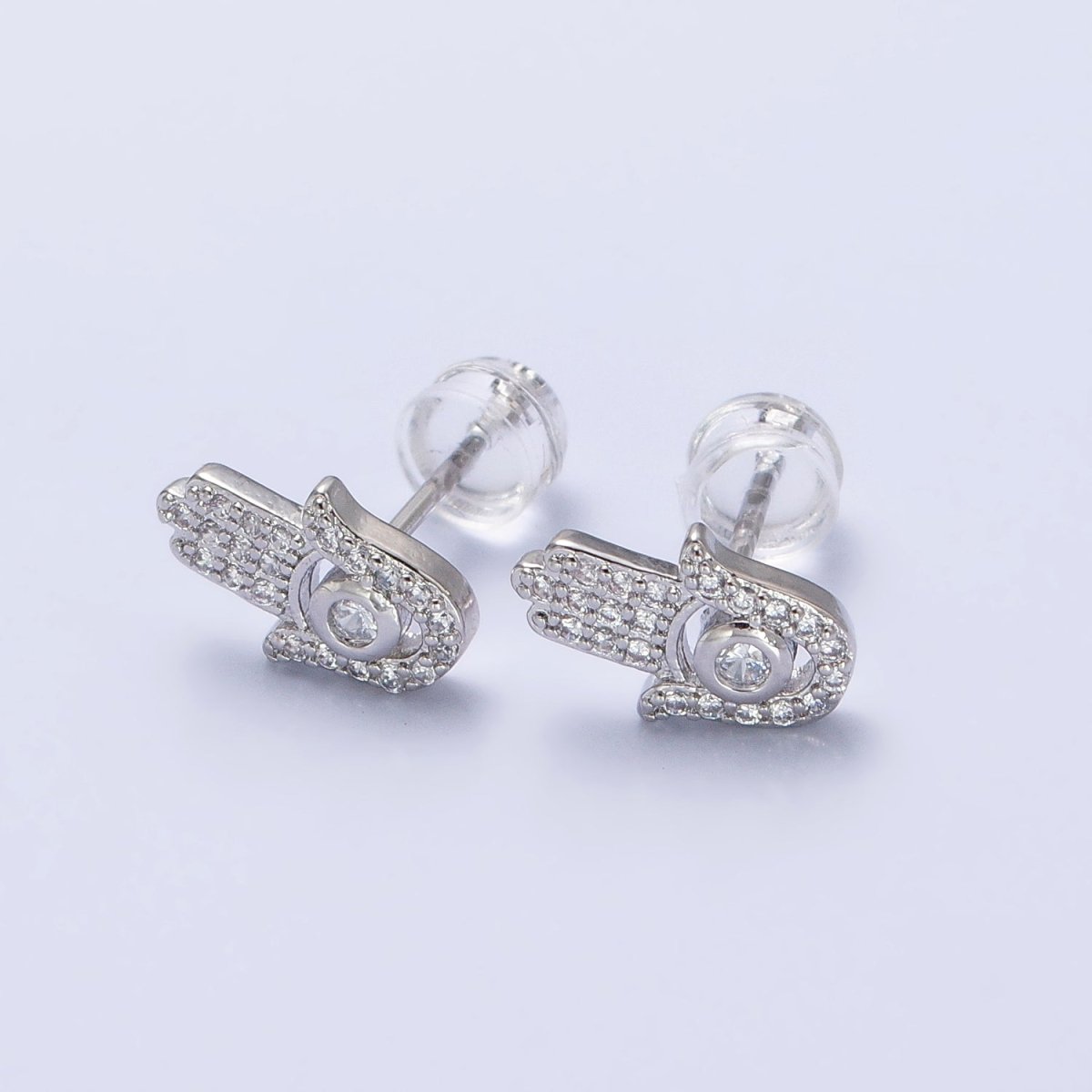 Clear Micro Paved CZ Hamsa Hand Evil Eye Mini Stud Earrings in Gold &amp; Silver | AB503 AB509