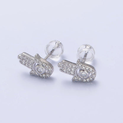 Clear Micro Paved CZ Hamsa Hand Evil Eye Mini Stud Earrings in Gold &amp; Silver | AB503 AB509