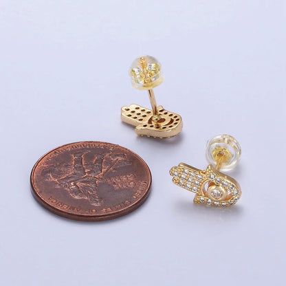 Clear Micro Paved CZ Hamsa Hand Evil Eye Mini Stud Earrings in Gold &amp; Silver | AB503 AB509