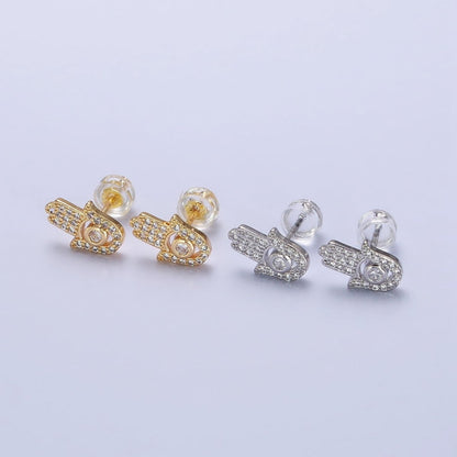 Clear Micro Paved CZ Hamsa Hand Evil Eye Mini Stud Earrings in Gold &amp; Silver | AB503 AB509