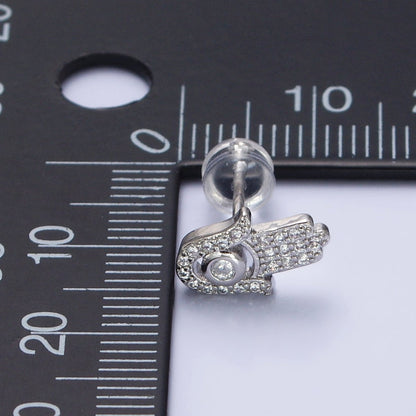 Clear Micro Paved CZ Hamsa Hand Evil Eye Mini Stud Earrings in Gold &amp; Silver | AB503 AB509
