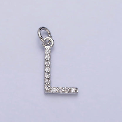 Clear Micro Paved CZ Initial Alphabet Letter Silver Personalized Charm  | A-546-A-558