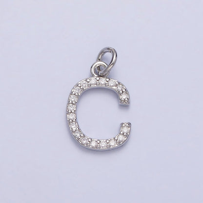 Clear Micro Paved CZ Initial Alphabet Letter Silver Personalized Charm  | A-546-A-558