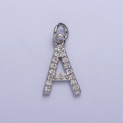 Clear Micro Paved CZ Initial Alphabet Letter Silver Personalized Charm  | A-546-A-558