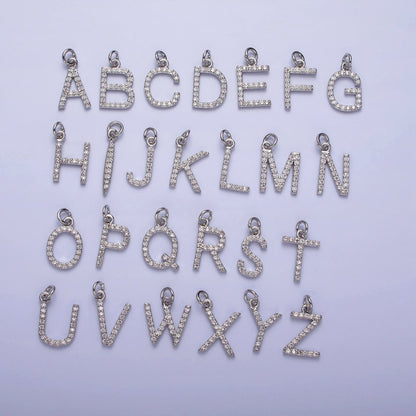 Clear Micro Paved CZ Initial Alphabet Letter Silver Personalized Charm  | A-546-A-558
