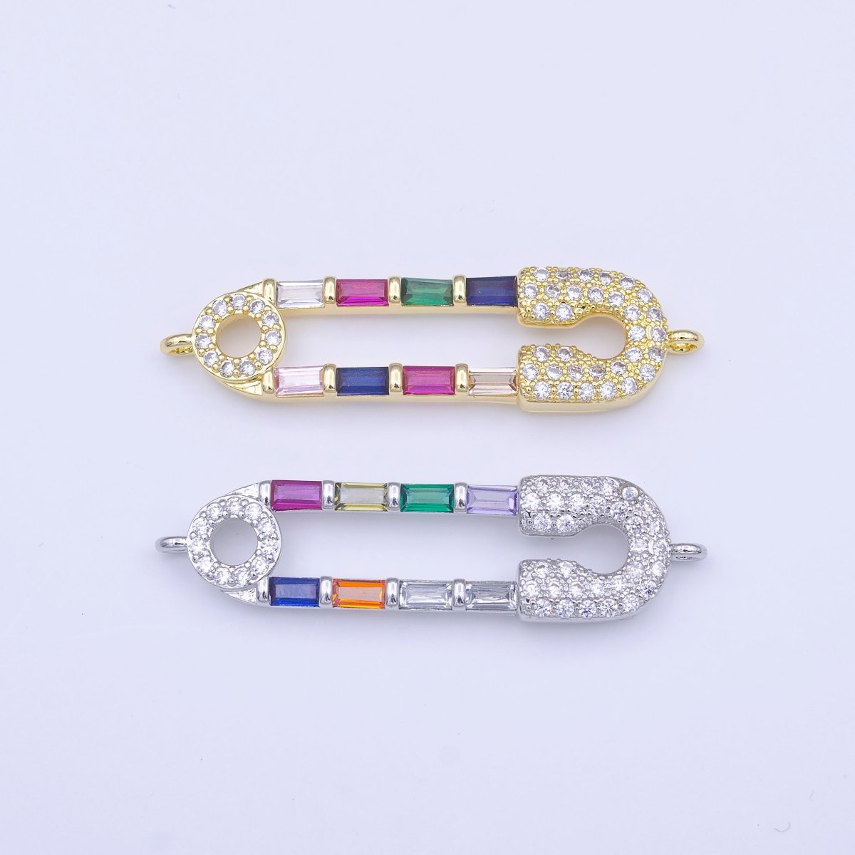 Clear Micro Paved CZ Multicolor Baguette Link Safety Pin Connector in Gold &amp; Silver | Y-655 Y-656
