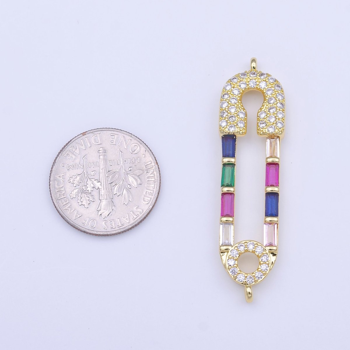 Clear Micro Paved CZ Multicolor Baguette Link Safety Pin Connector in Gold &amp; Silver | Y-655 Y-656